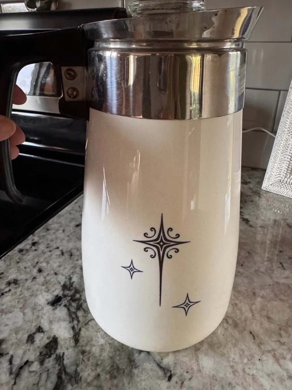 White Retro Ceramic Coffee Carafe with Atomic Starburst Design